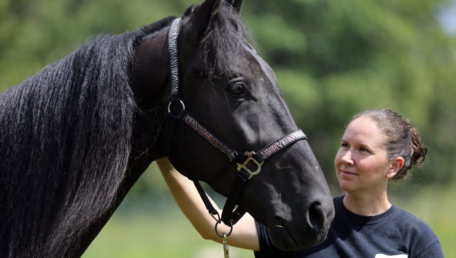 Tawnee Preisner, founder of Horse Plus Humane Society, pets Skywalks Magical Dream on Sept. 13, 2016.