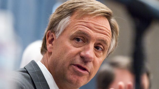 Republican Gov. Bill Haslam speaks about the conclusion of the legislative session at a news conference at the state Capitol in Nashville, Tenn., on Thursday, April 23, 2015. (AP Photo/Erik Schelzig)