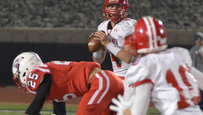 Albany's Brian Hamilton prepares to pass during Muenster's 28-12 win over Albany at Hawk Stadium in Iowa Park.