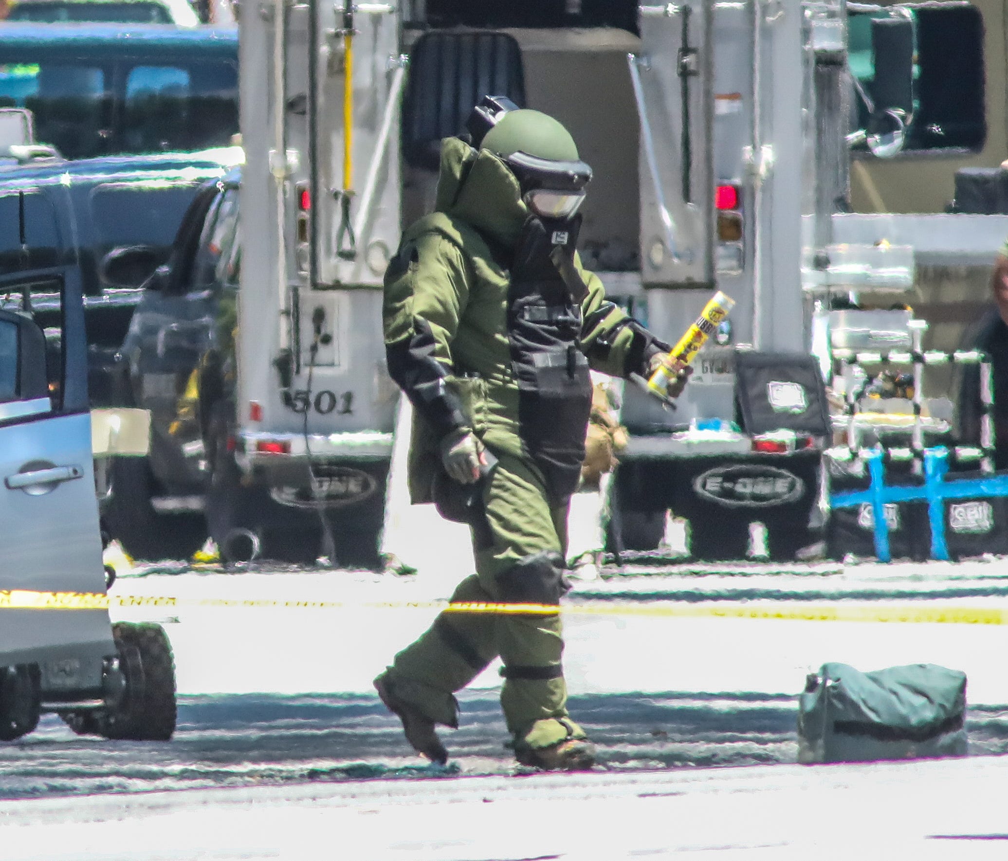The Atlanta police bomb squad responds after a veteran who says he was disgruntled with the Department of Veterans Affairs set himself on fire in protest Tuesday, June 26, 2018 outside the state Capitol in downtown Atlanta, according to the Georgia S