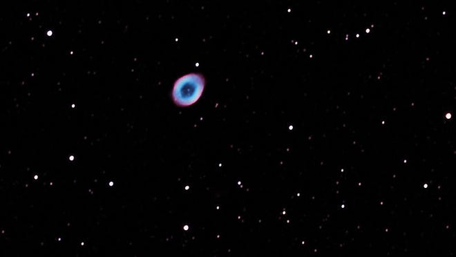 M57, the Ring Nebula, in 2012. [Photo by Rawastrodata (Own work) [CC BY-SA 3 (https://creativecommons.org/licenses/by-sa/3)], via Wikimedia Commons]