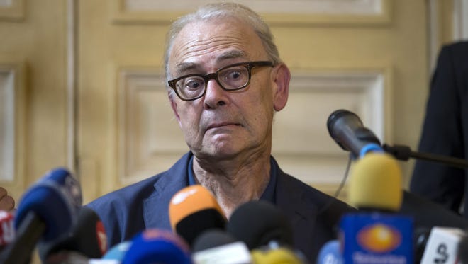 French author Patrick Modiano at a Paris news conference after winning the 2014 Nobel Prize for literature.