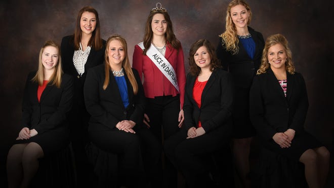 This year's candidates for the 70th Alice in Dairyland role join current Alice in Dairyland Ann O'Leary (center). They are (from left) Kelly Wilfert, Abrielle Backhaus, Jenna Crayton, Kaitlyn Riley, Alexis Dunnum and Crystal Siemers-Peterman.