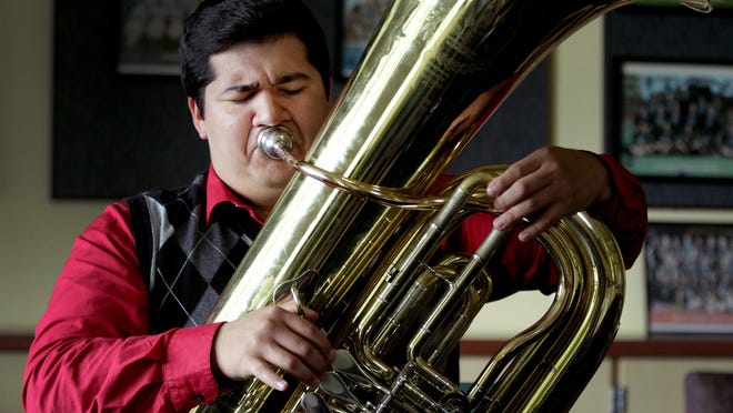 Juan Valdez, the 2015 high school tuba state champion, graduated from West Salem High School this week. Valdez fondly calls his instrument “Big Bertha.”
