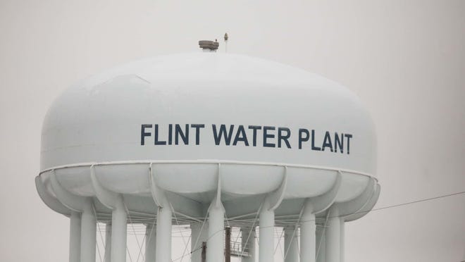 A water tower at the Flint Water Treatment Plant.