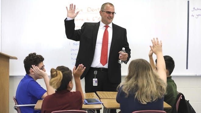 Palm Beach County Deputy Schools Superintendent Keith Oswald speaks with students at Omni Middle School in August 2018.