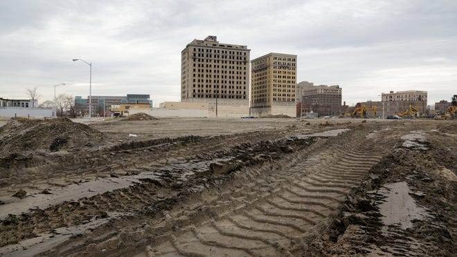 Ilitch Holdings has moved equipment onto the site of its future arena off of Woodward just north of downtown Detroit in preparation for beginning construction on Monday, March 16, 2015. The Hotel Park Avenue is on the left, and the Hotel Eddystone is on the right.