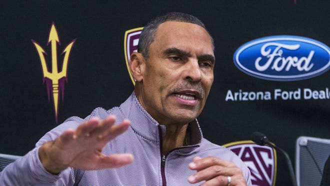 Arizona State University head football coach Herm Edwards talks about the high school and junior college football players who signed a letter of intent to attend ASU, February 7, 2018. The press conference was held at the Student-Athlete Facility at Sun Devil Stadium.