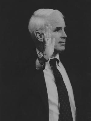 Sen. John McCain, R-Ariz., is sworn in prior to testifying before the Senate Ethics Committee Nov. 16, 1990, during the "Keating Five" hearings in Washington, D.C.