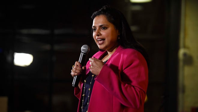 Chef Maneet Chauhan speaks during a Storytellers event at Emma in Nashville.