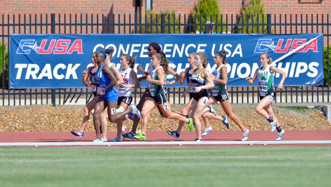 Agnes Abu (1 in blue) won two of her events on Sunday at the Conference USA outdoor track and field championships.