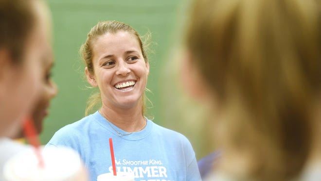 Brooke Sweat, a pro beach volleyball player who will represent the United States at this year's Olympics speaks to high school volleyball teams at Hillsboro High School July 18, 2016 in Nashville, Tenn.