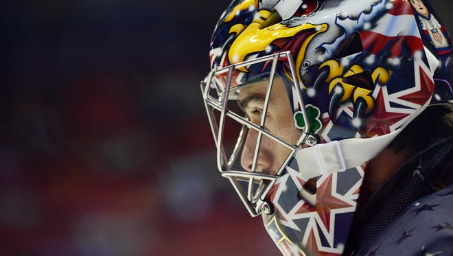 Team USA goalie Ryan Miller before a men's preliminary round ice hockey game against Russia during the Sochi 2014 Olympics.