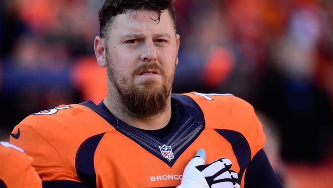 Jan 3, 2016; Denver, CO, USA; Denver Broncos tackle Tyler Polumbus (76) before the game against the San Diego Chargers at Sports Authority Field at Mile High. Mandatory Credit: Ron Chenoy-USA TODAY Sports