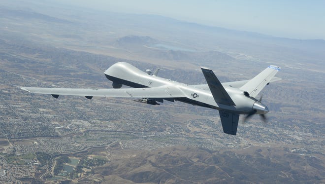 An MQ-9 Reaper remotely piloted aircraft assigned to the 163d Attack Wing soars over Southern California skies on a training flight to March Air Reserve Base, California, on Sept. 15, 2016. MQ-9 Reapers are being used to stream live video of the Thomas Fire in December 2017.