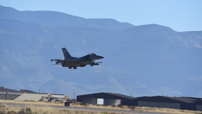 An F-16 Fighting Falcon from the 8th Fighter Squadron takes off at Holloman Air Force Base, N.M., Nov. 27, 2017. The aircraft took part in the 8th FS's first flight since it was reactivated in August 2017.