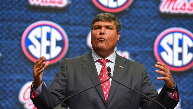 Ole Miss Rebels head coach Matt Luke addresses the media during SEC football media day at the College Football Hall of Fame. Mandatory Credit: Dale Zanine-USA TODAY Sports