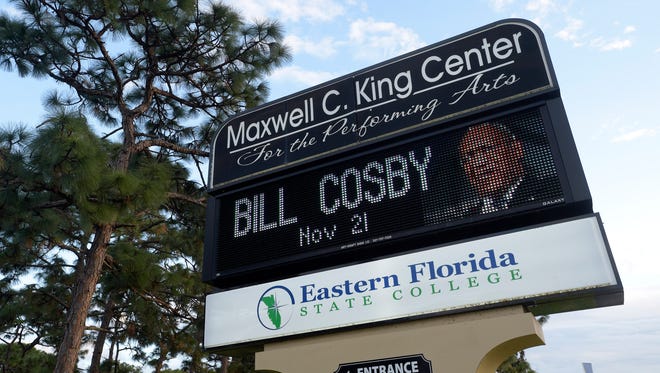 A marquee outside the Maxwell C. King Center for the Performing Arts advertises a Bill Cosby performance in Melbourne, Fla.