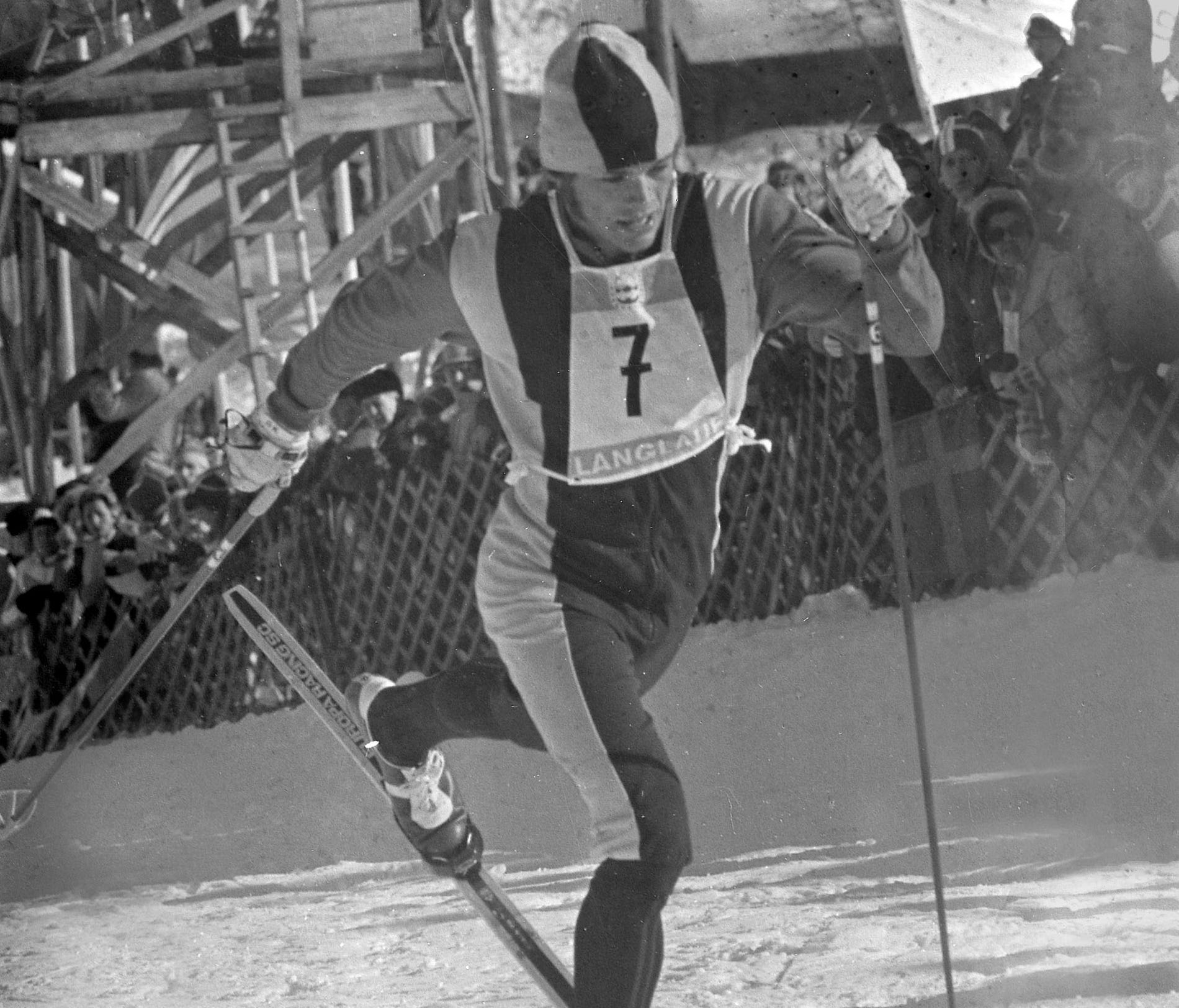 Bill Koch of Guilford, Vt., crosses the finish line to win the silver medal in the men's 30-kilometer cross-country skiing race in the Winter Olympics at Seefeld, Austria, Thursday, Feb. 5, 1976.  Koch, at 1:30:57.84, was less than 30 seconds behind 