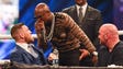 Floyd Mayweather shouts at Conor McGregor during the