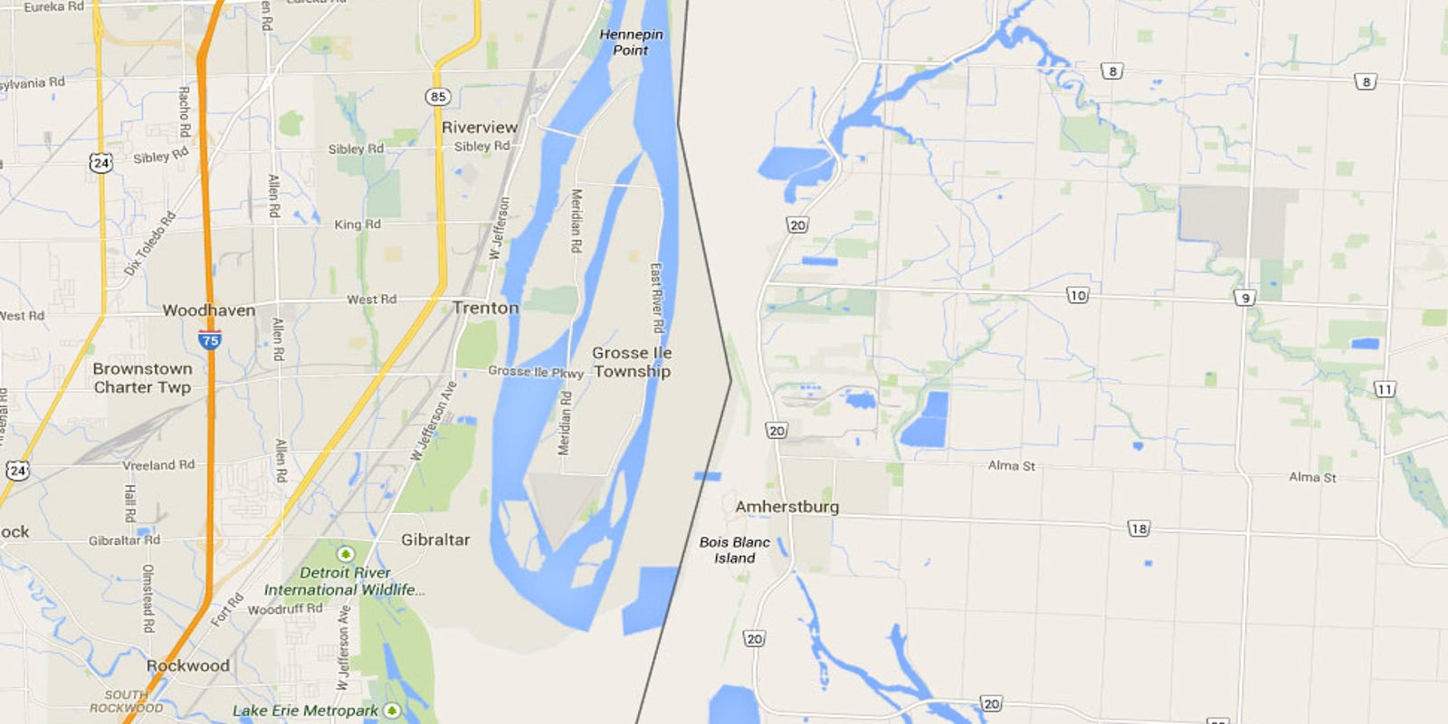 Google Maps Shows Land Bridge From Downriver To Canada