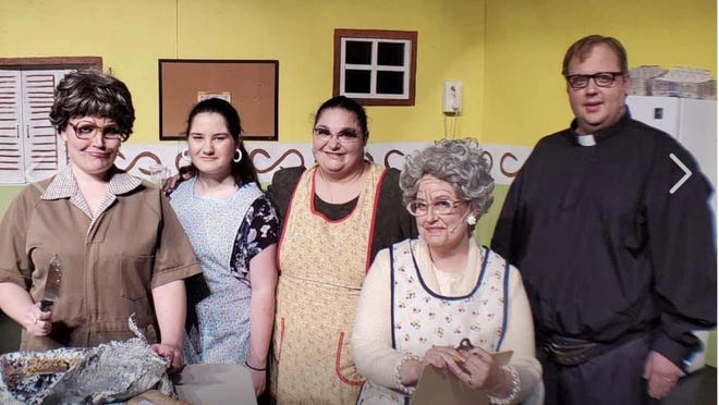 A group of Kiowa County thespians (from left) Alyssa Brown as Mavis, Lucinda Libby as Signe, Angelique Libby as Karin, Tricia Oren as Vivian, and Chris Unruh as Pastor Gunderson, will put on the show Church Basement Ladies this weekend in Greensburg. Tickets are available at the door of the Twilight Theatre venue.