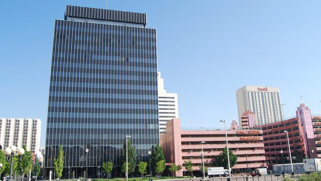 The current Reno City Hall is at left in this view looking north. The Cal Neva parking garage is on the right.