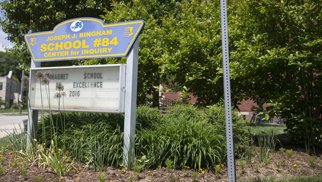The signage in front of IPS  School 84 in Indianapolis on  Wednesday, May 18, 2016. The Center for Inquiry School 84 is not "a rare haven of excellence" among Indianapolis Public Schools, Superintendent Lewis Ferebee says.