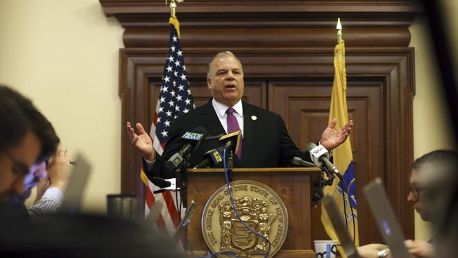 New Jersey Senate President Steve Sweeney tells a gathering at the Statehouse that he will push for a constitutional amendment requiring the state to make quarterly public pension payments despite Gov. Chris Christie's strong opposition.