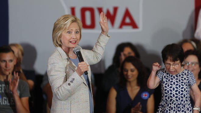 Hillary Clinton rallies the crowd as she speaks in the Reiman Ballroom at Iowa State University Alumni Center in Ames, Sunday, July 26, 2015.