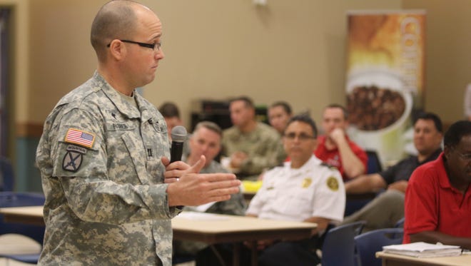 Chaplain Ron Fisher talks to the crowd of chaplains and pastors Thursday morning at Liberty Chapel at Fort Campbell.