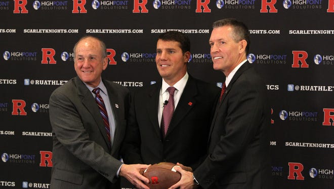 Since being hired by Rutgers president Robert Barchi (left) and athletic director Pat Hobbs (right), Rutgers football coach Chris Ash has been hard at work laying groundwork for his meticulous plan.