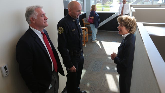 Capt. David Crockarell, the District 1 commander, gives Mayor Kim McMillan and Director of Schools for CMCSS, Dr. B.J. Worthington, the first tour of the completed District 1 precinct on Jan. 6.
