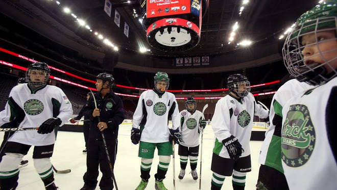 Alex DePalma, Founder and Director of the Brick Stars on the ice as special needs hockey programs throughout New Jersey to take part in an on-ice clinic hosted by the Devils at the Newark Prudential Center with alumni Grant Marshall, Ken Daneyko and Bruce Driver. April 15, 2016. Newark, N.J. 