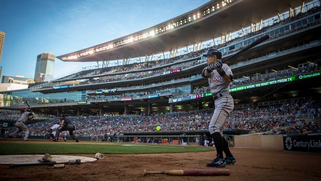 Miami Marlins' Ichiro Suzuki prepares to bat against the Minnesota Twins in the fourth inning of a baseball game Tuesday, June 7, 2016, in Minneapolis. The Minnesota Twins won 6-4 in 11 innings. (AP Photo/Bruce Kluckhohn)