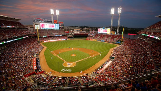A view of Great American Ball Park as the sun sets during Monday's game between the Cubs and the Reds.