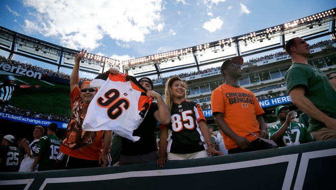 Cincinnati Bengals fans cheer at the conclusion of the fourth quarter of the NFL Week One game between the New York Jets and the Cincinnati Bengals at MetLife Stadium in East Rutherford, N.J., on Sunday, Sept. 11, 2016. The Bengals won the season-opening game 23-22. 