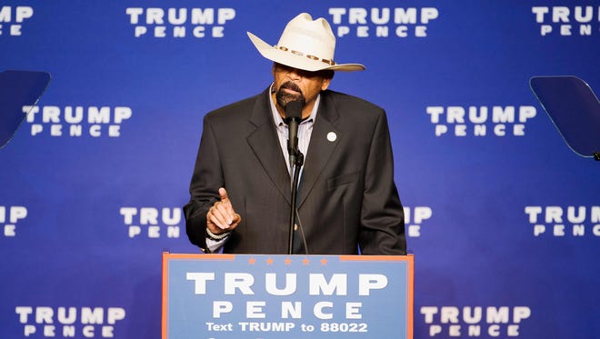 Milwaukee County Sheriff David A. Clarke Jr. speaks before Republican presidential nominee Donald Trump during a rally at the KI Convention Center last month in Green Bay.