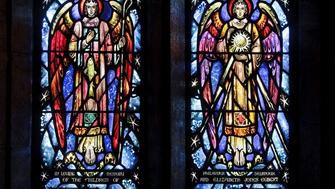 A stained glass window designed by Charles Connick at St. James Episcopal Church.