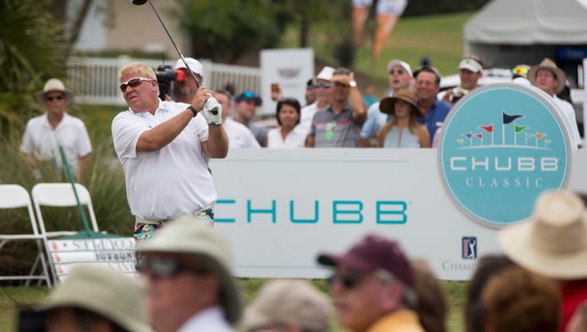 A crowd forms around PGA Tour Pro John Daly at the tee box on hole No. 10 during the second round of The Chubb Classic at TwinEagles Club Saturday, Feb. 18, 2017 in Naples. 