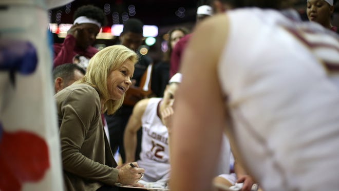 FSU Head Coach Sue Semrau talks to her team during a timeout in their game against Pittsburgh in February of 2017.
