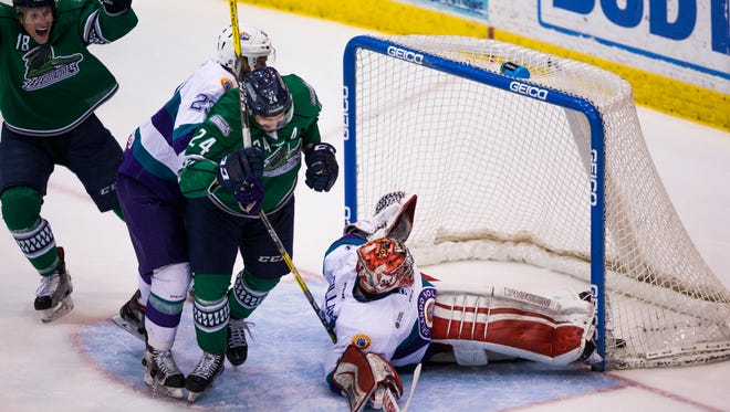 Florida Everblades forward, Dalton Smith, scores a goal during game 7 of the South Division Semifinals between the Florida Everblades and the Orlando Solar Bears on Wednesday, April 26, 2017 at Germain Arena in Estero. This marks the third game 7 in the history of the Everblades. 