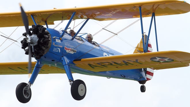 Pilot Tim 'Lucky' Newton takes off from Sussex Airport with WWII Navy Veteran from Spring Hills Somerset Assisted Living, 90-year-old Angelo Caggeno during a Dream Flight in a restored 1940Õs PT-17 Stearman. The flights in an open cockpit World War II biplane were courtesy of Ageless Aviation Dreams Foundation, a non-profit dedicated to honoring seniors who have served in the United States Armed Forces. August 8, 2017. Wantage, NJ