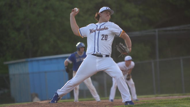 Germantown pitcher Blake Kunz delivers a pitch to an Oak Creek batter on May 23, 2018.