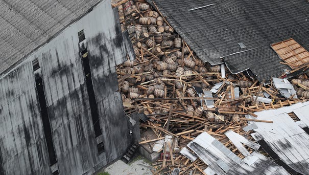 A partially-collapsed bourbon warehouse at the...