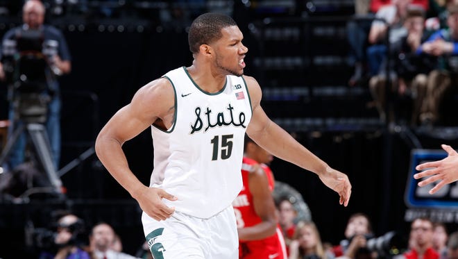 Marvin Clark Jr. of the Michigan State Spartans reacts after making a shot against the Ohio State Buckeyes on March 11, 2016, in Indianapolis.
