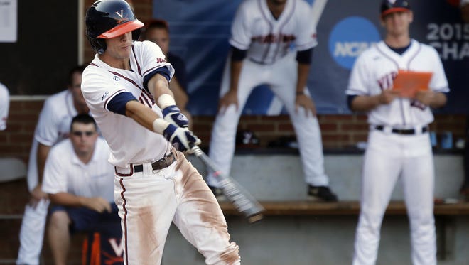 Virginia's Ernie Clement gets the winning hit against Maryland in the bottom of the ninth inning of a super regional of the NCAA college baseball tournament on June 6, 2015.