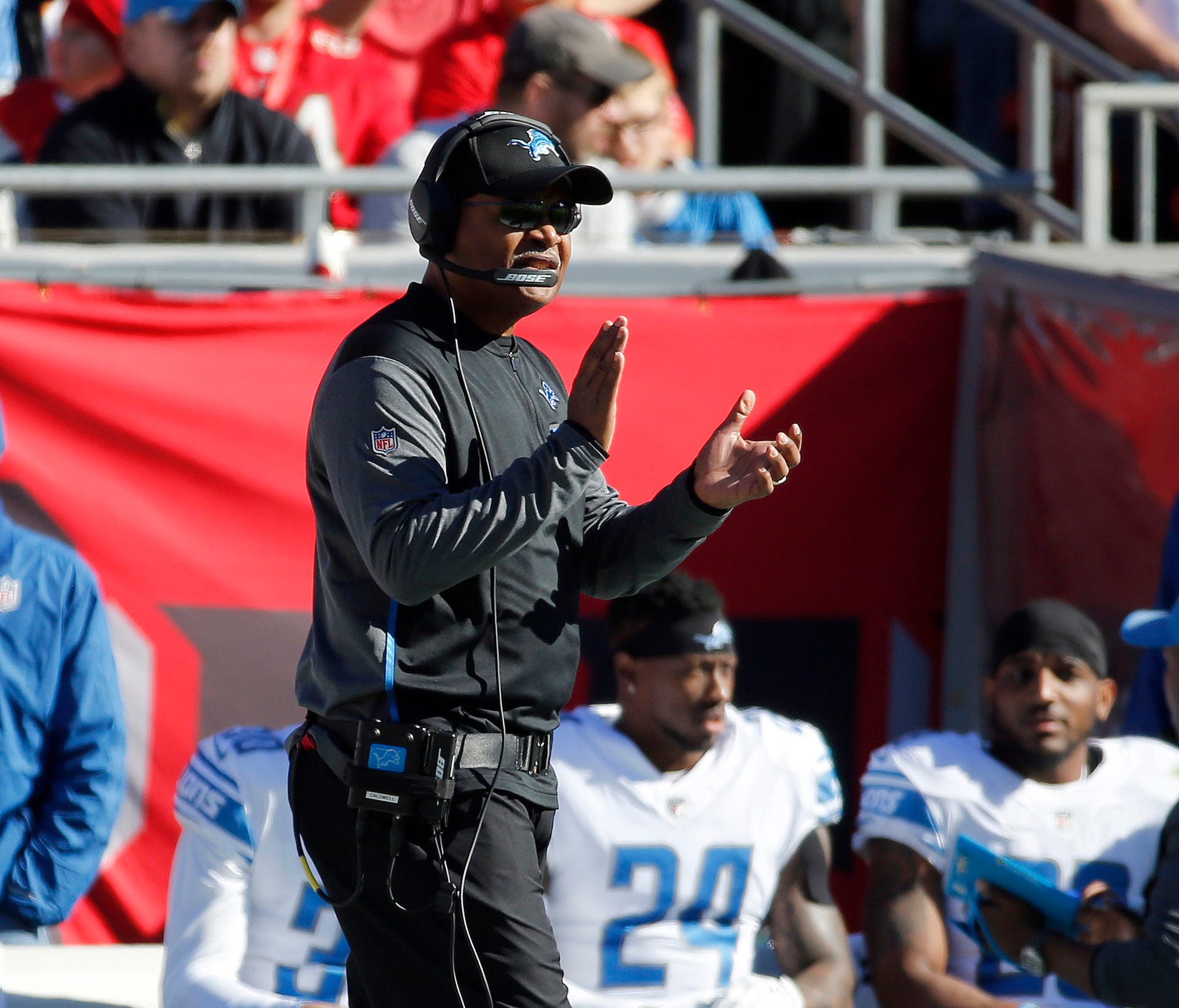 Dec 10, 2017; Tampa, FL, USA; Lions coach Jim Caldwell claps from the sideline against the Bucs in the first half at Raymond James Stadium.