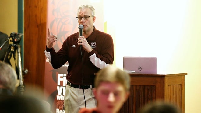 Missouri State Bears head coach Dave Steckel speaks to the crowd attending the Bears' signing day party at Springfield Brewing Company in Springfield, Mo. on Feb. 3, 2016.