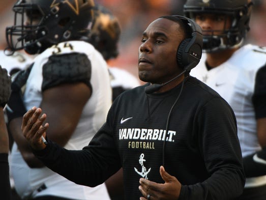 Vanderbilt Head Coach Derek Mason yells to the field